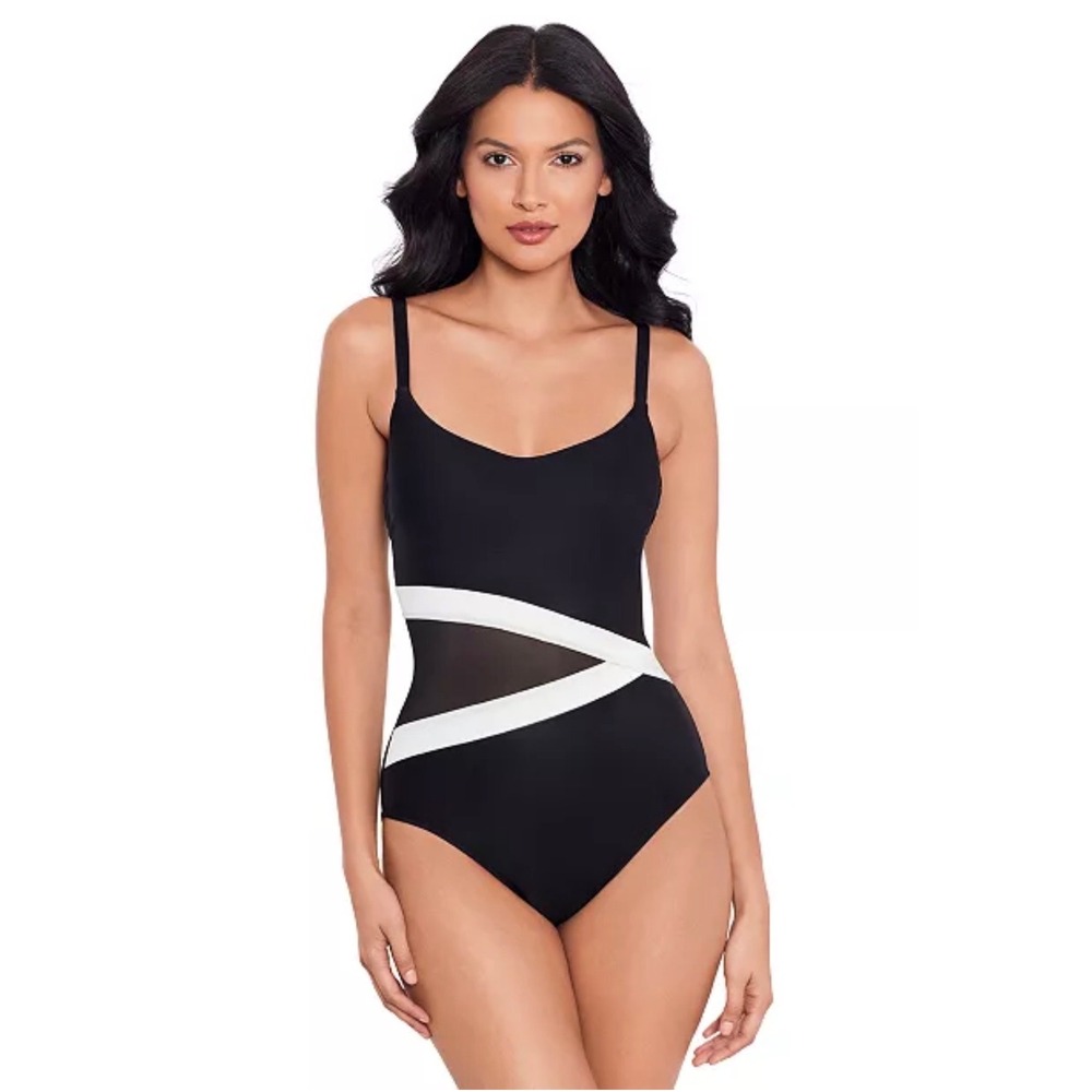 Miraclesuit Lyra One Piece Swimsuit Black White Mesh Wrap Slimming Womens 14 NWT